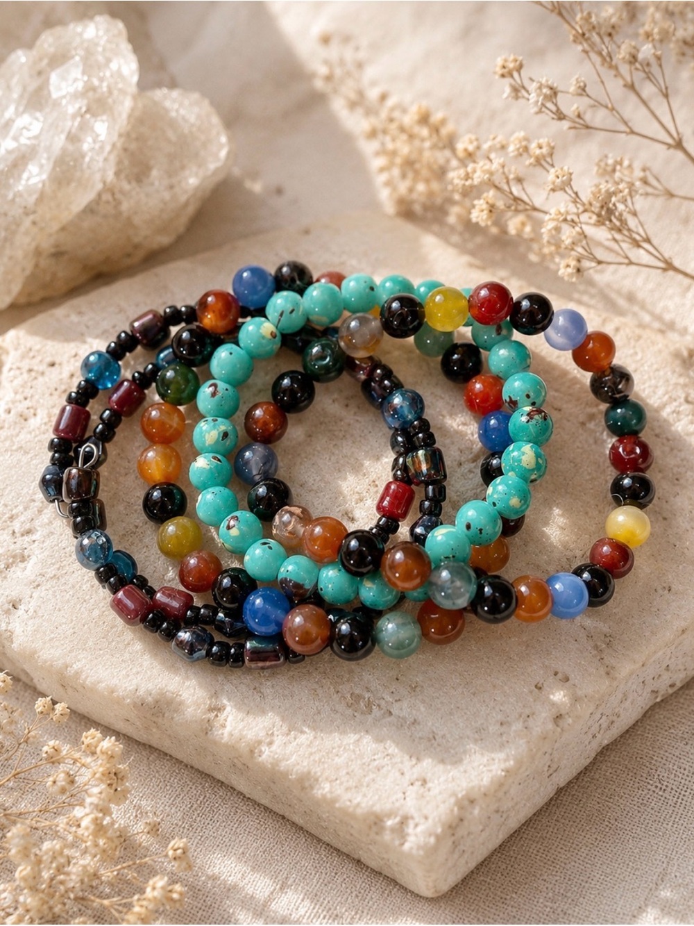 Stack of 4 Stone Beaded Bracelets